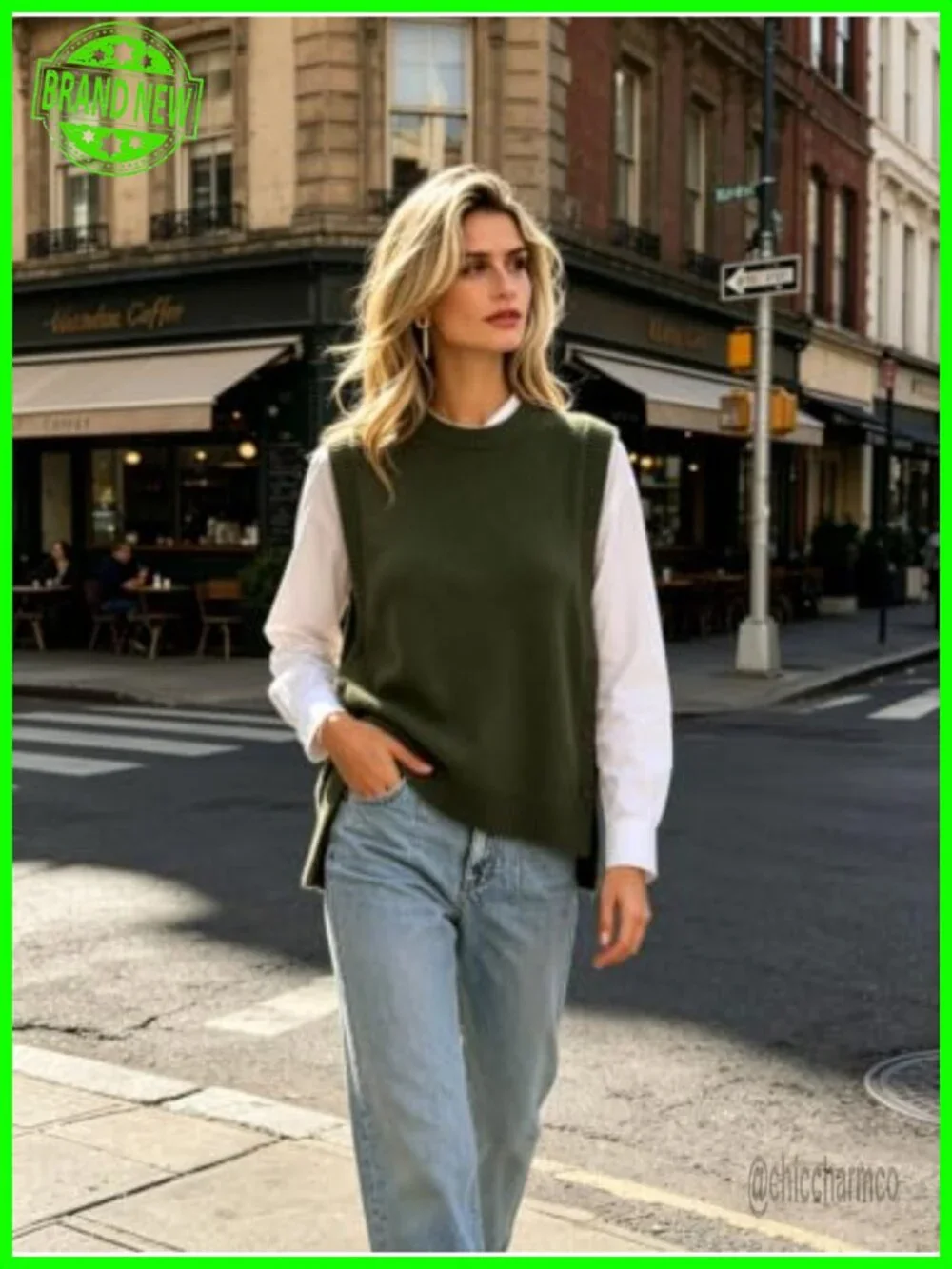 Women's Relaxed Fit Crewneck Sleeveless Knit Sweater Vest with Coconut Shell